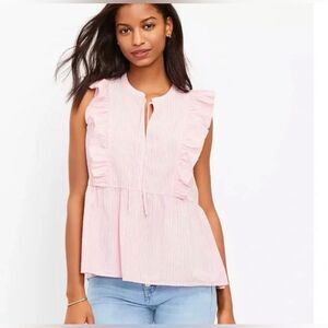 LOFT Pink horizontal, stripe Ruffle Sleeve Peplum Top | 100% Cotton extra large